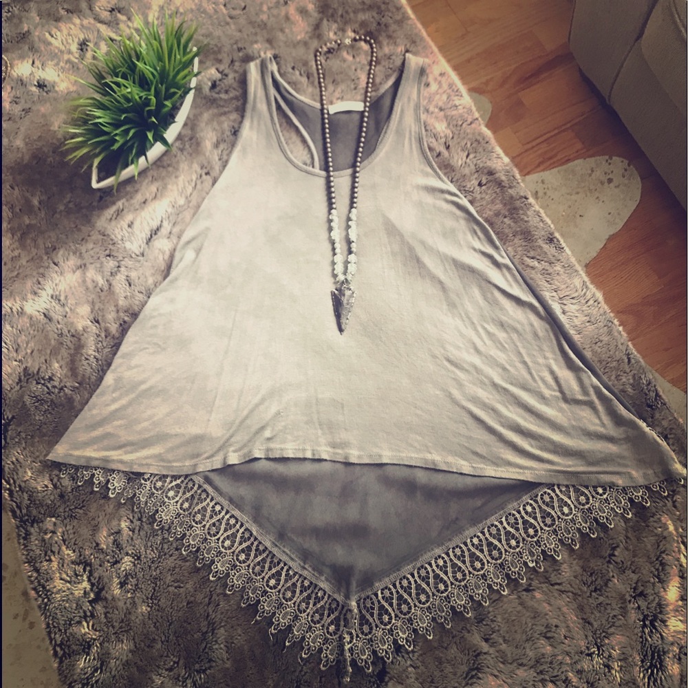 Gray Tank Top Sheer Back and lace Trim